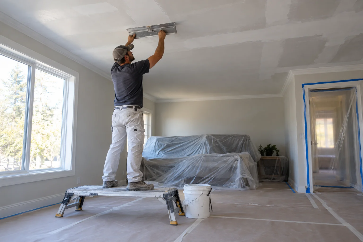 Generated inspiration showing ceiling skim application with protected floors and furniture