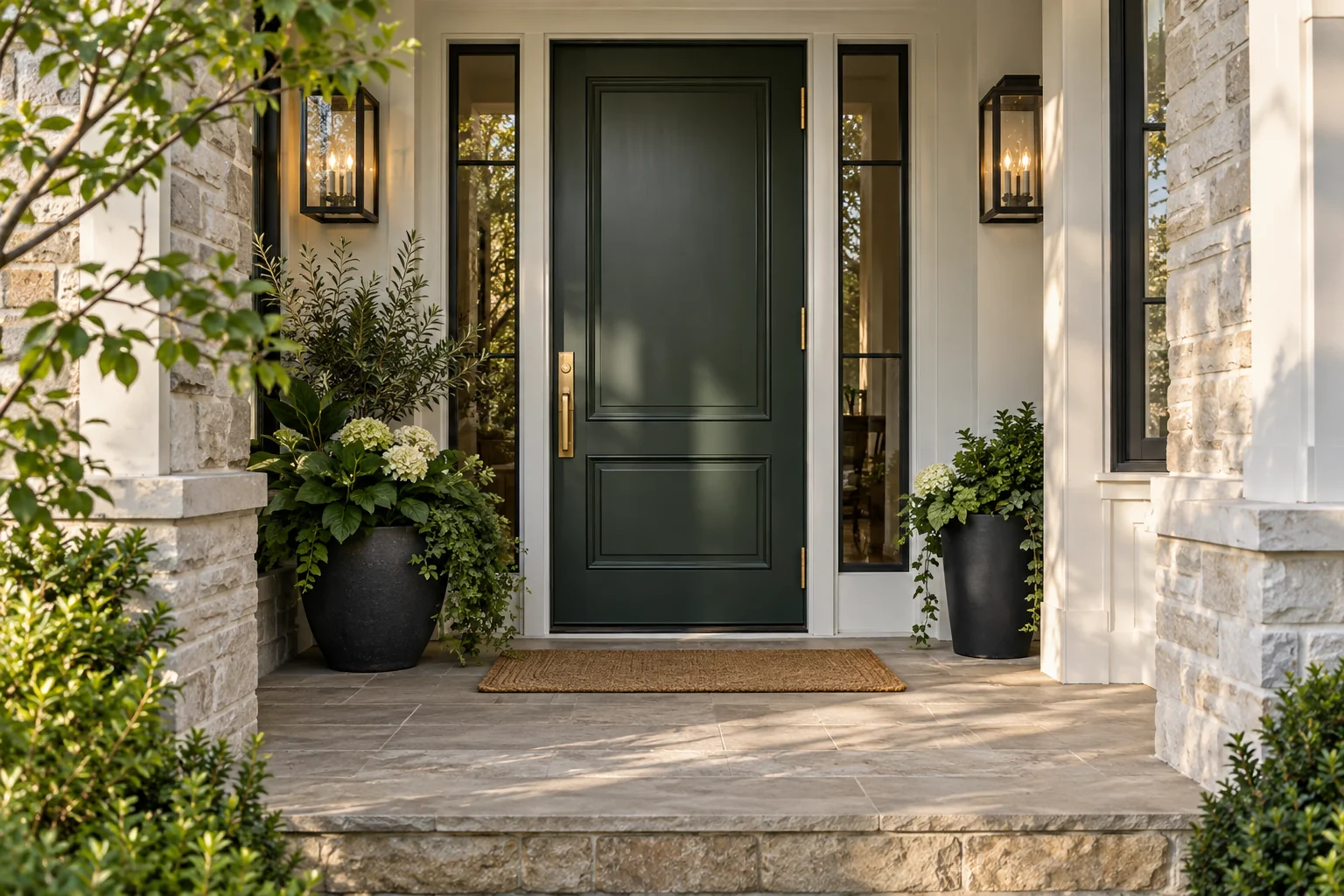 Generated inspiration showing a satin green front door with white trim and a stone entrance