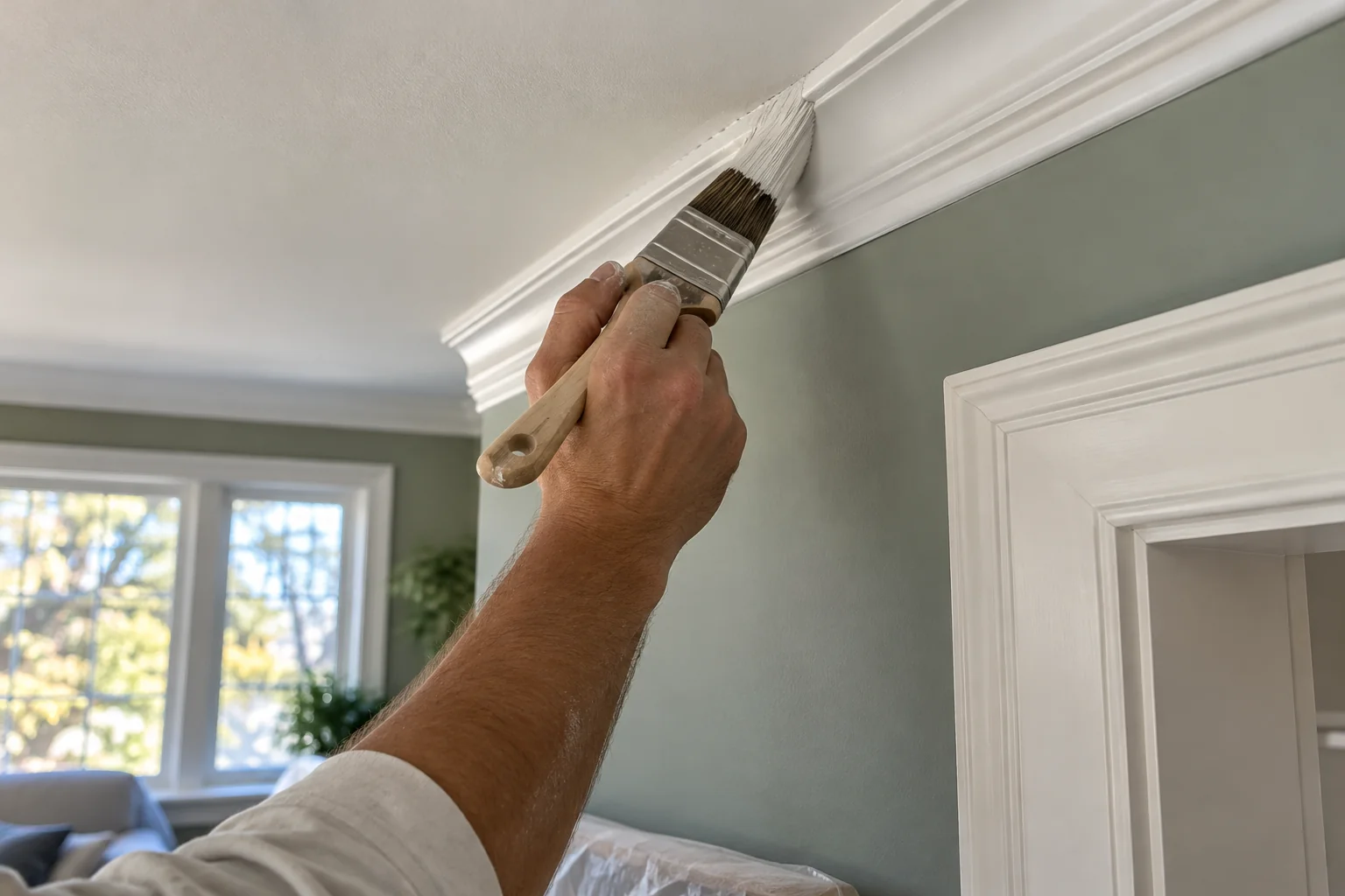 Generated inspiration showing a brush cutting in beside white crown moulding and a sage wall